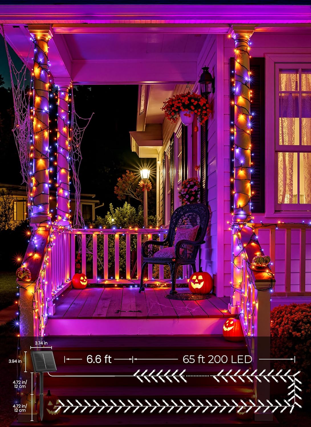 Brightown 2 Pack Halloween Solar String Lights Outdoor, Total 144Ft 400 LED Solar Lights Outdoor Waterproof with 8 Modes for Patio Tree Garden Party Decorations (Orange&Purple)