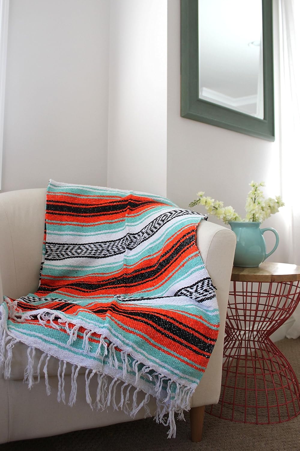 Del Mex Classic Mexican Blanket, Large Authentic Woven Falsa Throw (70"x50"), Artisan Southwest Décor for Beach, Yoga, Outdoors (Mint/Orange)