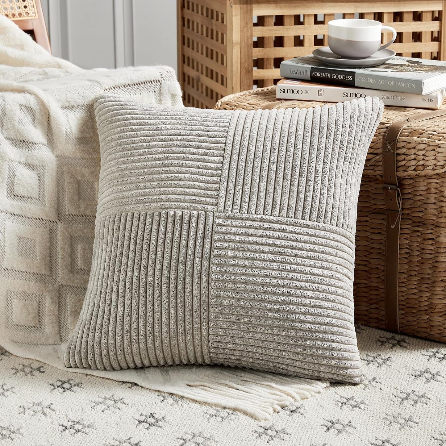 Fancy Homi 2 Packs Neutral Grey Decorative Throw Pillow Covers 16x16 Inch for Living Room Couch Bed, Rustic Farmhouse Boho Home Decor, Soft Corss Patchwork Corduroy Textured Square Cushion Case 40cm