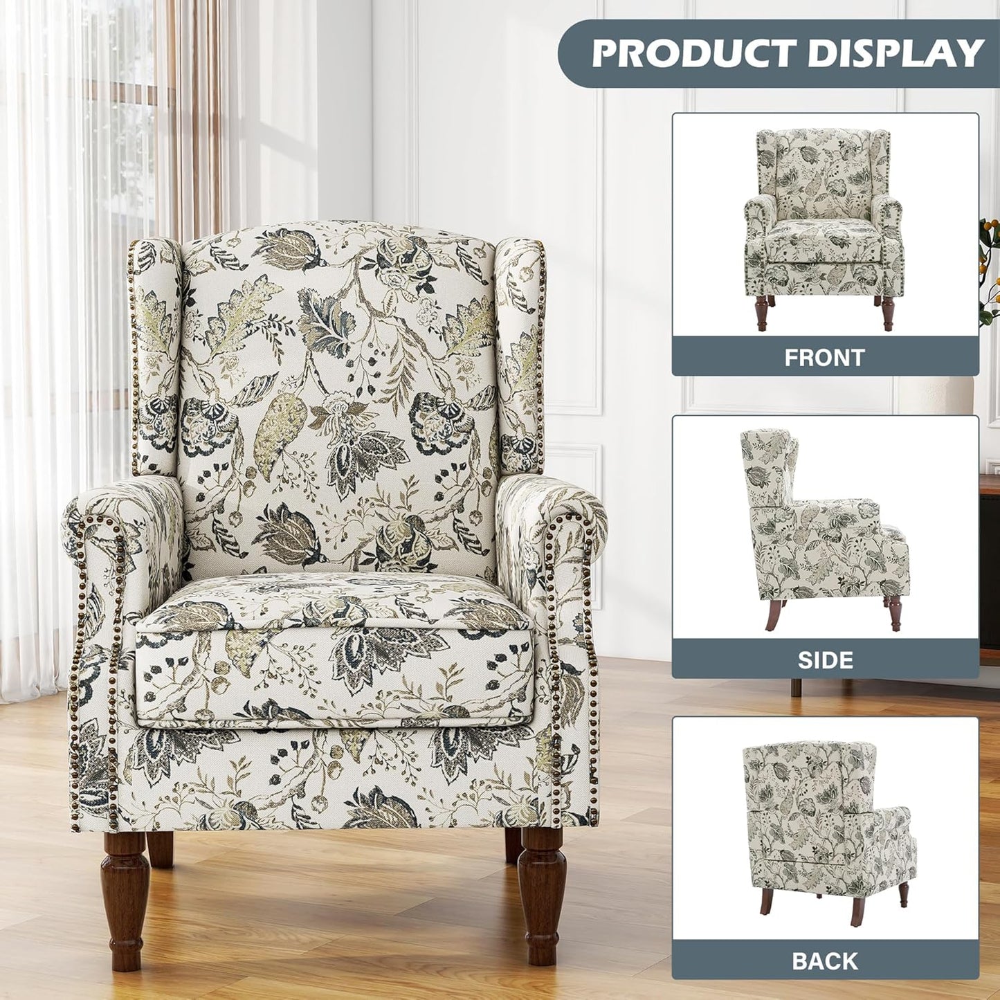 UIXE High Back Floral Accent Chairs Set of 2, Upholstered Armchair in Fabric, Retro Printed Wingback Arm Chair for Living Room, Nailhead Trim Single Sofa Bedroom Reading Seat - Plants Beige