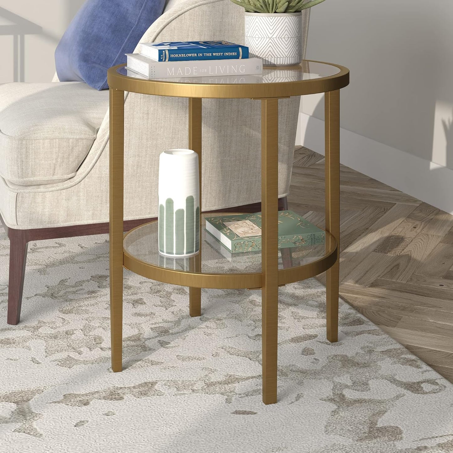 Henn&Hart 20" Wide Round Side Table with Glass Shelf in Antique Brass, Table for Living Room, Bedroom
