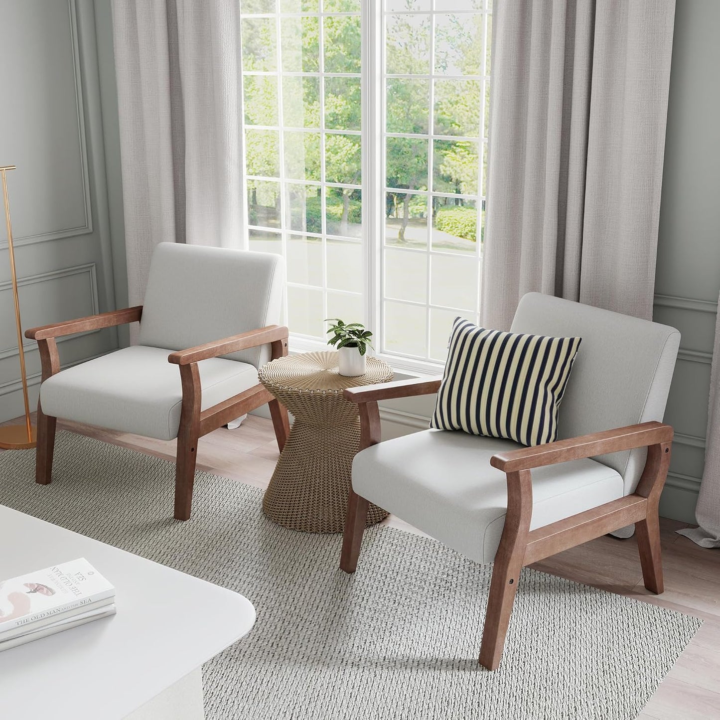 HNY Mid Century Modern Accent Chairs Set of 2 with Wood Frames, Linen Upholstered Living Room Arm Chairs for Living Room, Bedroom, Ivory