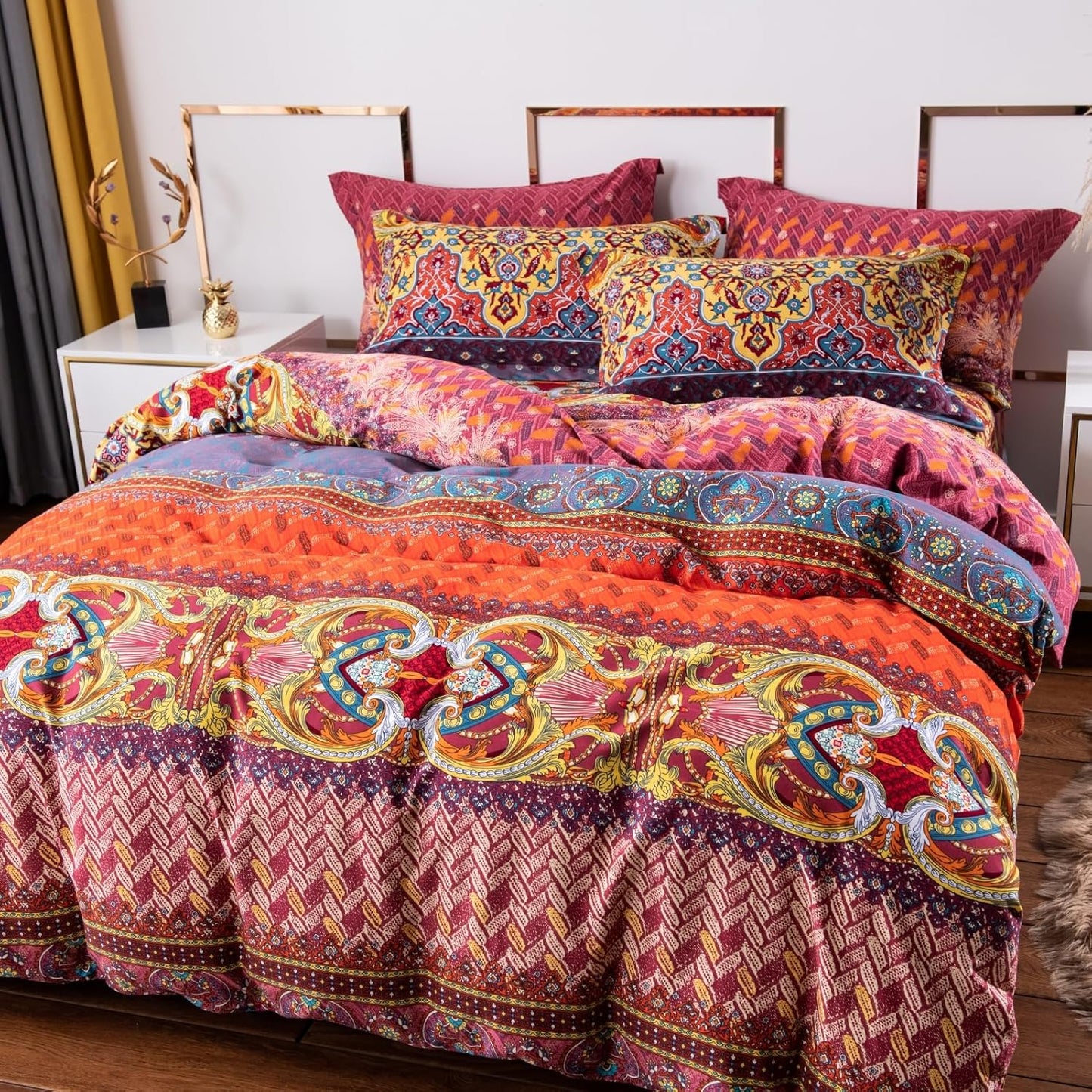 ABREEZE Bohemian Duvet Cover Set Colorful Orange Boho Retro Bedding Set Damask Paisley Cotton Duvet Cover Tribal Reversible Bedding Exotic Style Comforter Cover 3-Piece Twin