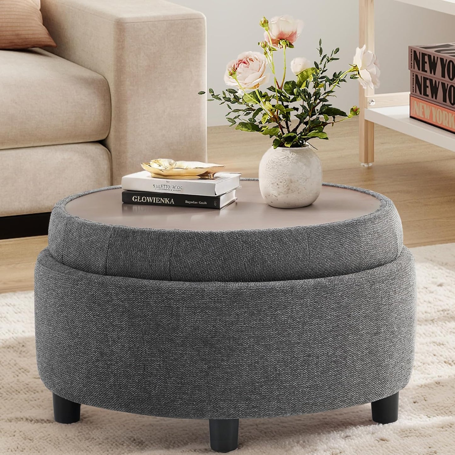 COLAMY Fabric Round Storage Ottoman with Reversible Tray Lid – Multi-Functional Footrest, Hidden Storage, Sturdy & Stylish Small Coffee Table for Living Room, Bedroom, or Entryway(Dark Grey)