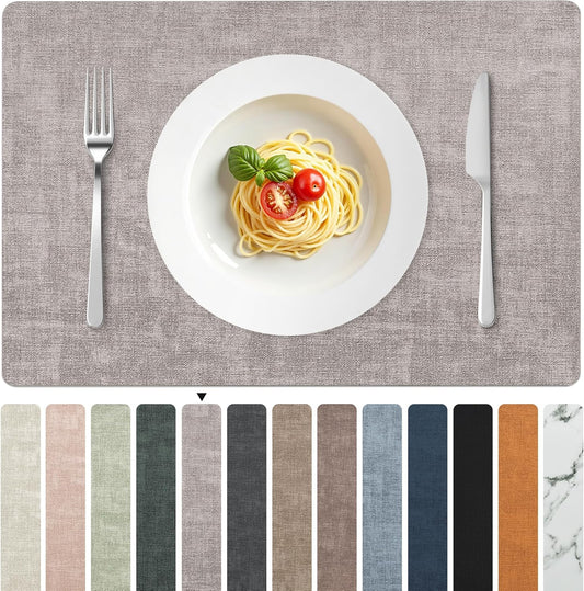 FROMHEART Faux Leather Placemats Set of 6–Waterproof,Heat/Oil Stain-Resistant PU Table Mat–Reversible,Non-Slip,Easy to Clean Place Mats for Kitchen,Dining,Indoor/Outdoor,(Light Grey,11.8" x 17")