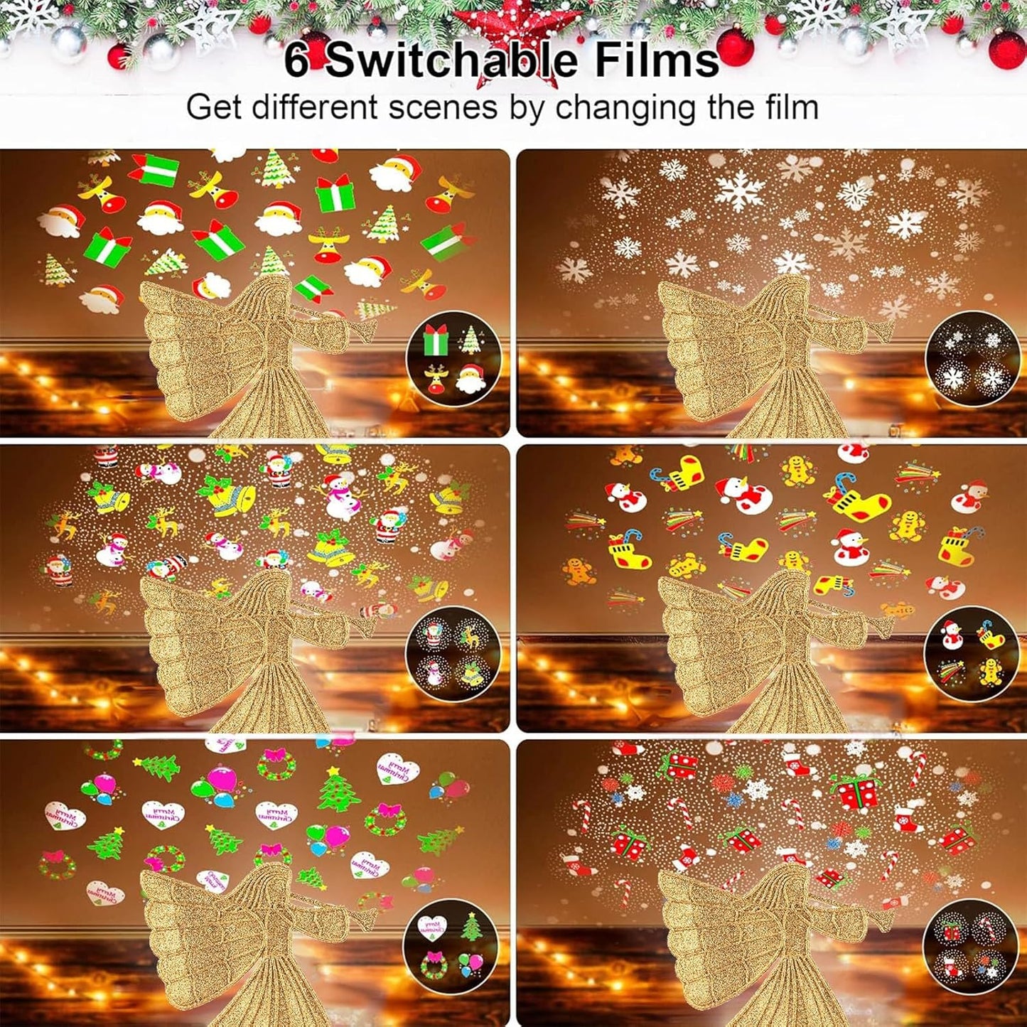 Christmas Angel Tree Topper with 6 Projection Modes, Hollowed Pentagram Tree Top with Gold Spangles Plated Plug in for Indoor Outdoor Christmas Decorations, Gold