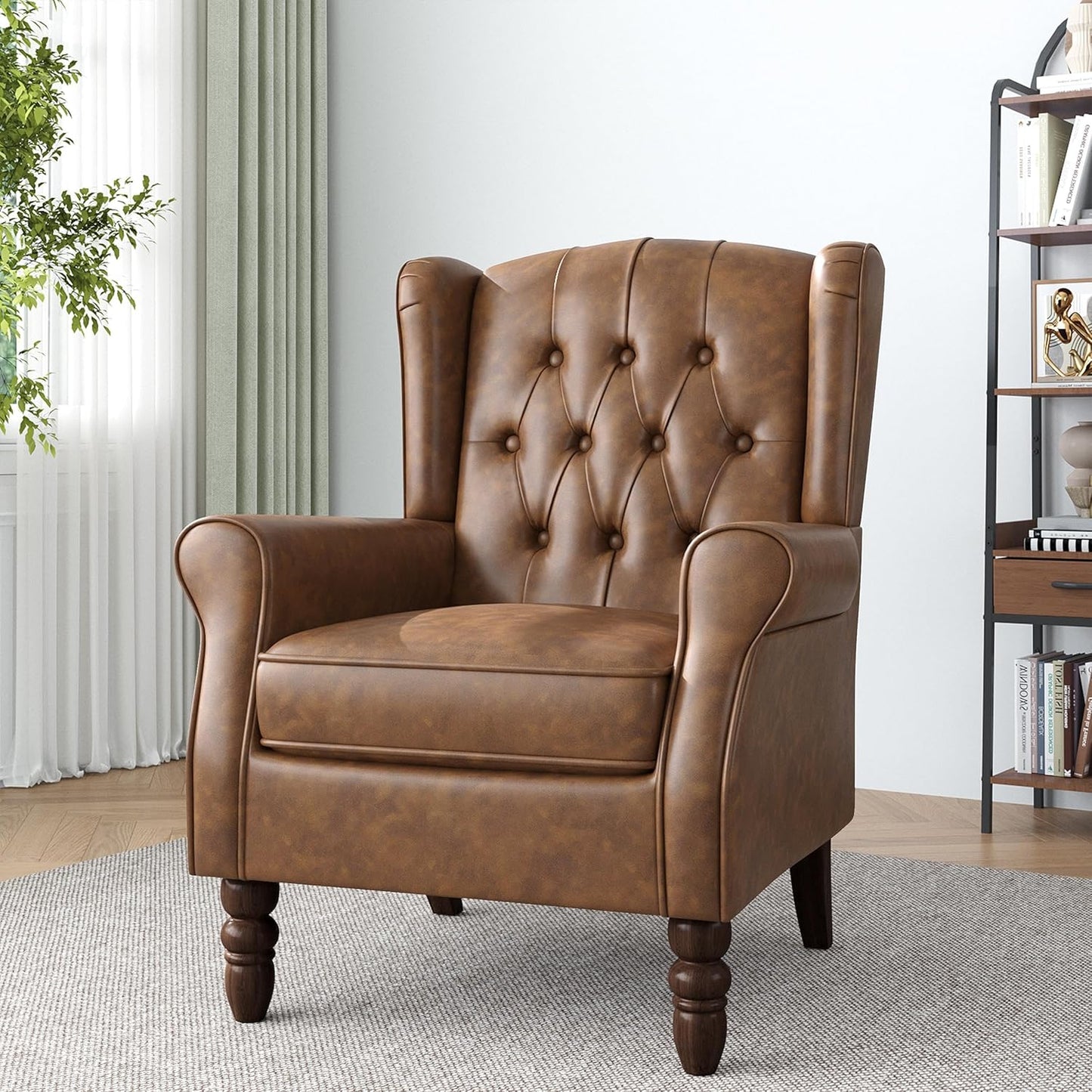 High Back Accent Chair,Upholstered Faux Leather Wingback Armchair with Solid Wood Legs for Small Spaces,Comfy Single Sofa Chair for Living Room,Bedroom,Office-Brown