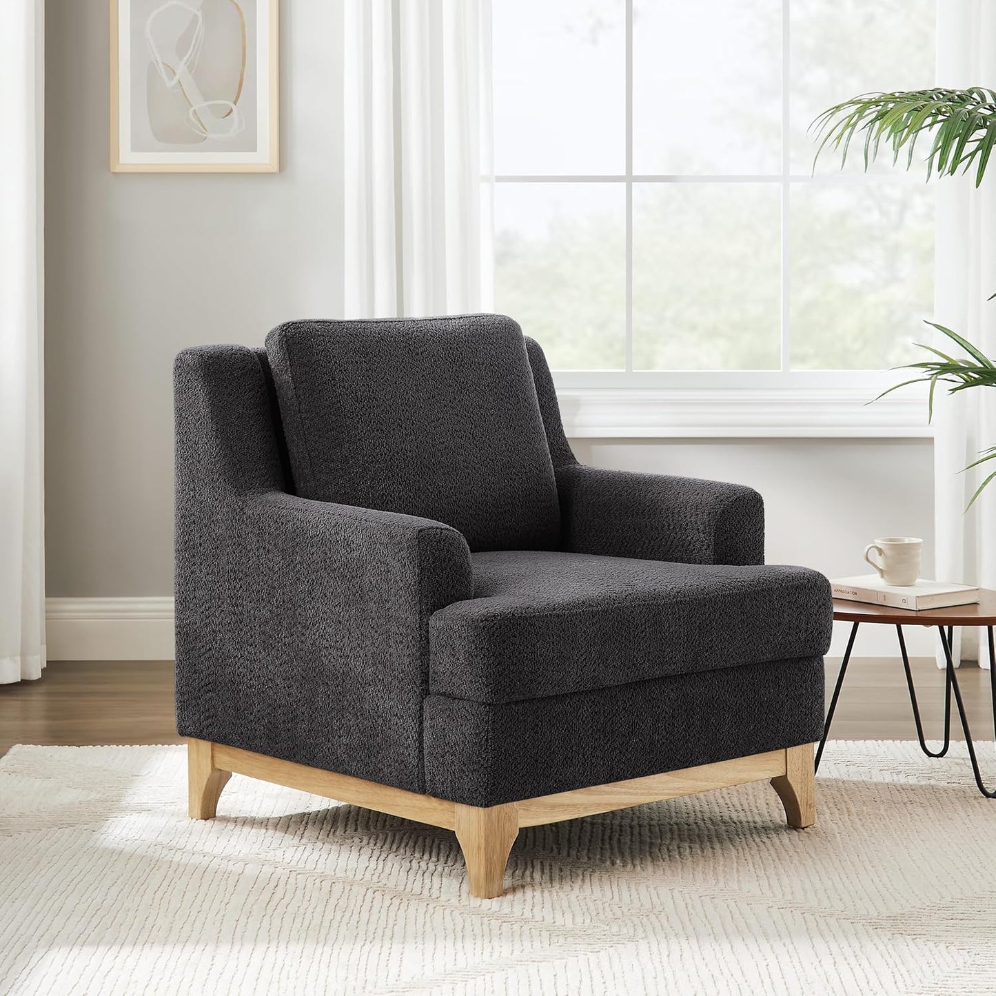 Oversized Accent Chair, Modern Boucle Armchair with Wood Legs, Modern Reading Chair with Thick Cushion, Comfy Chairs for Living Rooms, Bedrooms, Reading nooks and Apartments