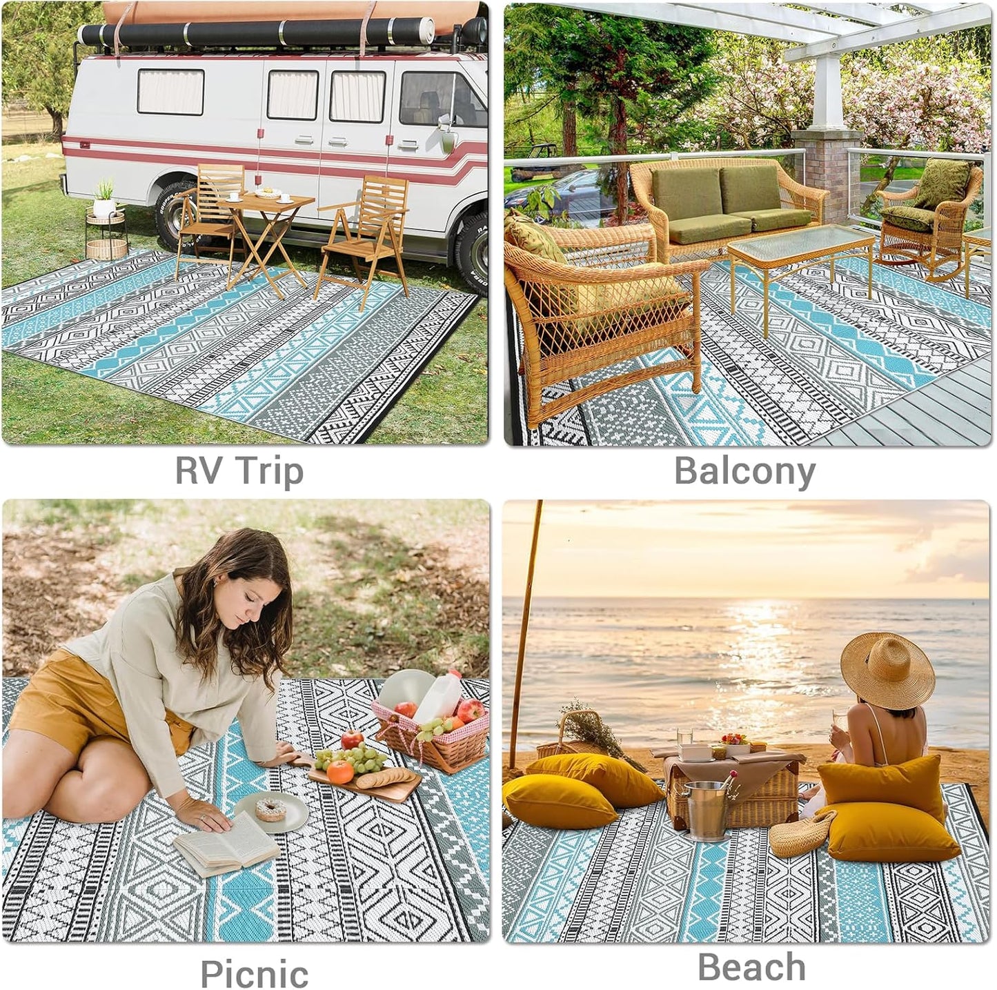 GAOMON Outdoor Plastic Straw Rug, 10'x20' Reversible Sage Green Patio Mat, Flower Modern Design for RV, Backyard, Deck, Camping, Picnic, Blue/Grey(Bohemia)