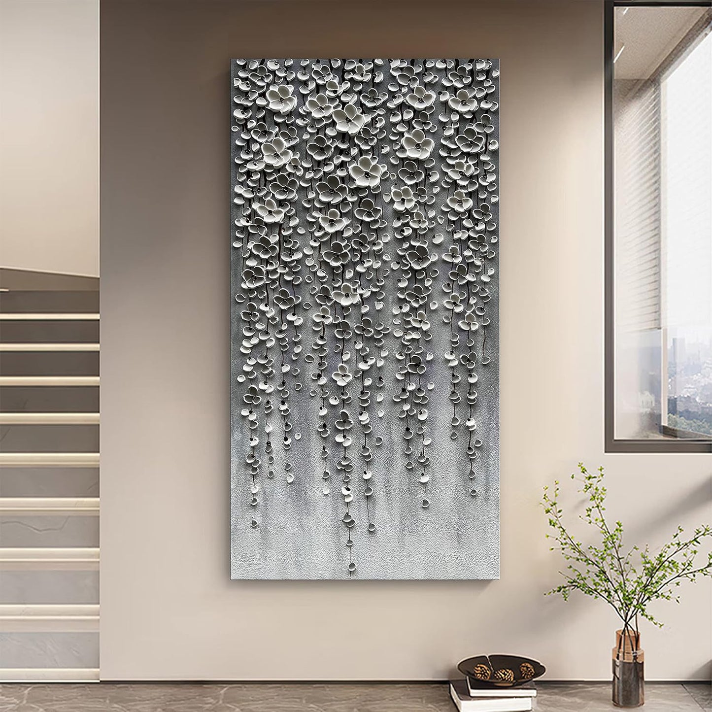 Epicler Modern Art Oil Painting,46x23 inches White Flower Wall Art Painting, Abstract Canvas Wall Art for Home Wall Decoration