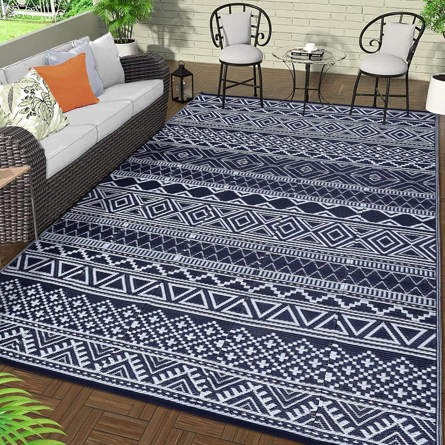 GAOMON Reversible Outdoor Rug 9'x18' Waterproof Plastic Straw Rug, Patio Rug, Large Modern Area Rug Carpet, Indoor Outdoor Rugs for Camping, Porch, Deck, Balcony, Backyard, Dark Blue/White(Bohemia)
