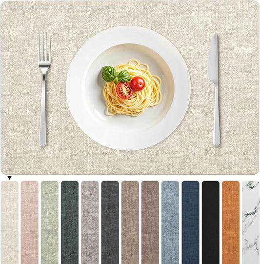 FROMHEART Faux Leather Placemats Set of 4–Waterproof,Heat/Oil Stain-Resistant PU Table Mat–Reversible,Non-Slip,Easy to Clean Place Mats for Kitchen,Dining,Indoor/Outdoor,(Beige,11.8" x 17")