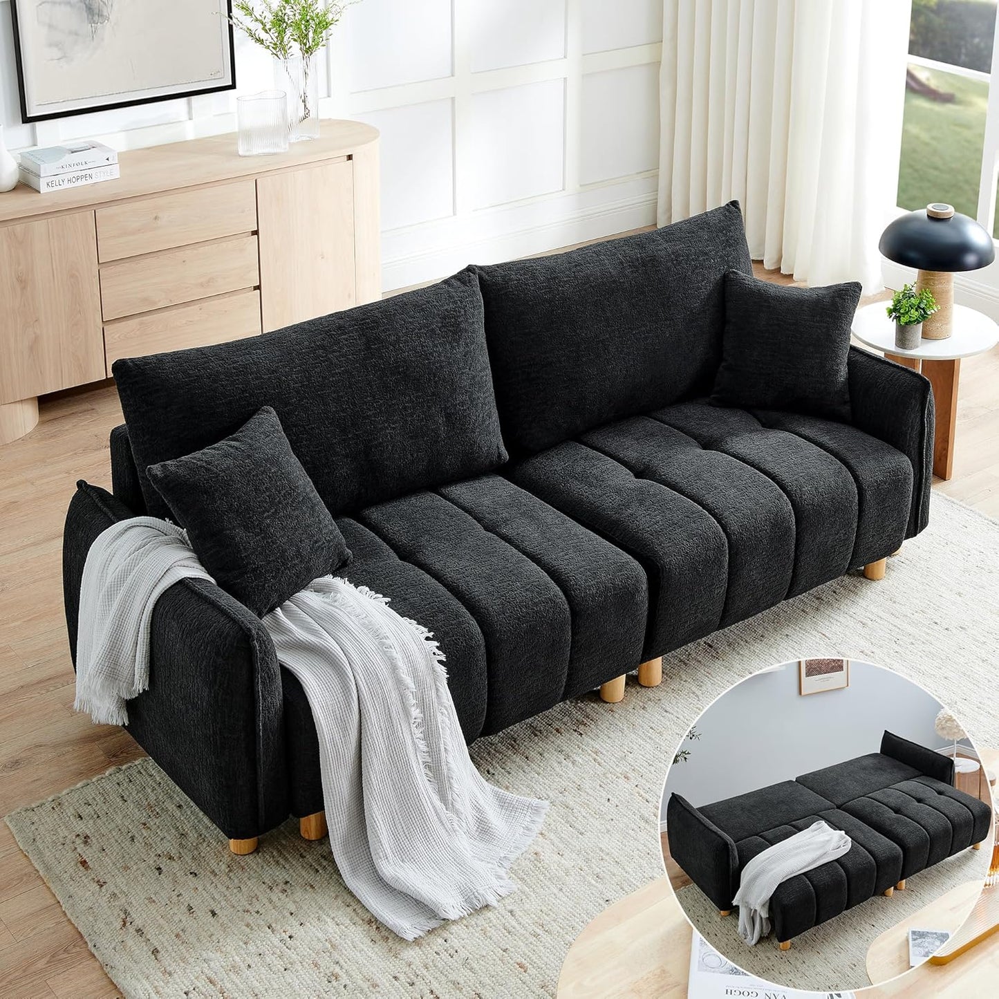 Convertible Sofa Bed, 90" Full Size Sleeper Sofa with Storage, Tufted Chenille 3 Seat Sofa Couches for Living Room, Small Spaces, Guest Room, Apartment, Black