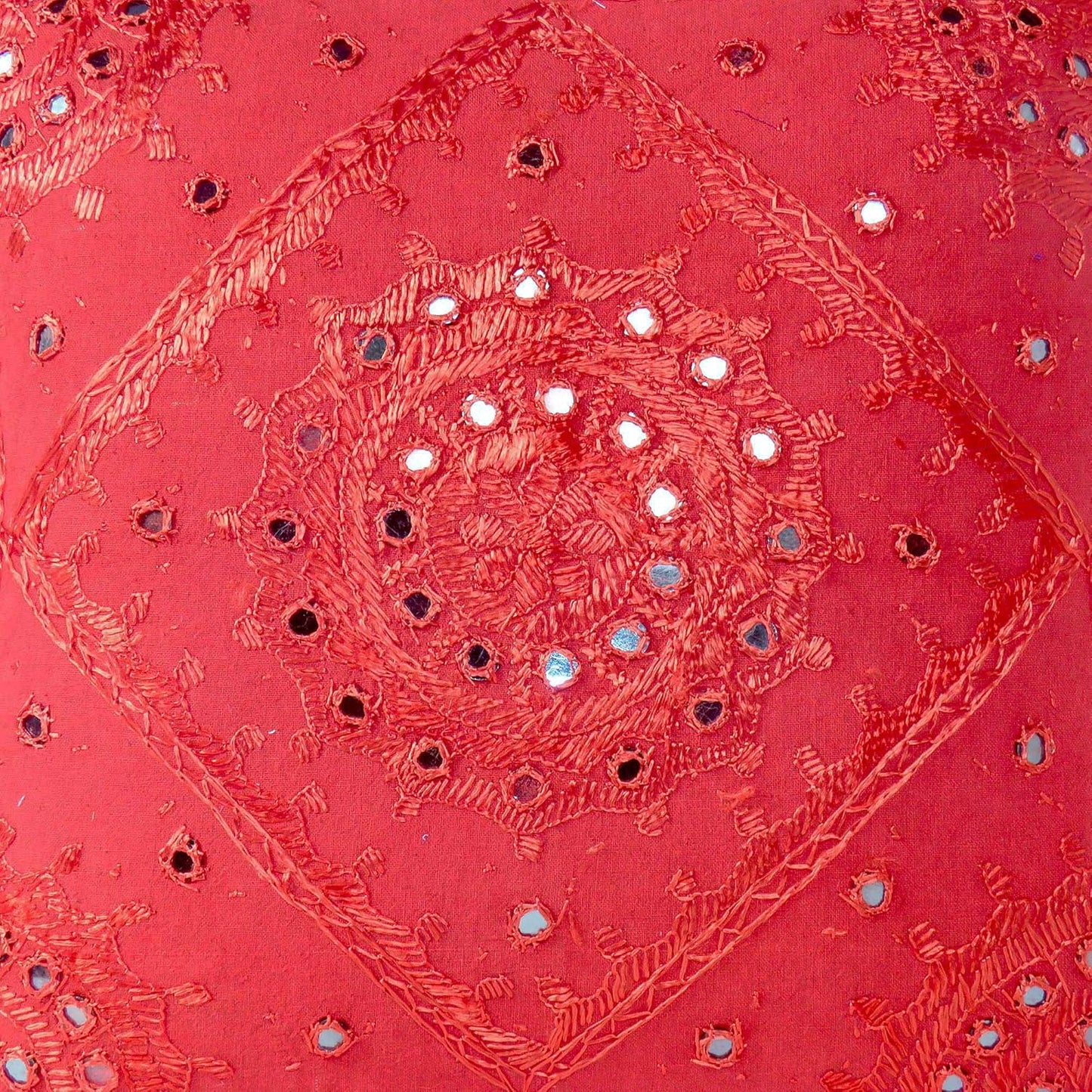 Eyes of India Embroidered Decorative Boho Throw Pillow Cover with Mirrors, Handmade Bohemian Accent Cushion Case for Sofa Couch Bedroom Living Room (Red, 16" x 16")