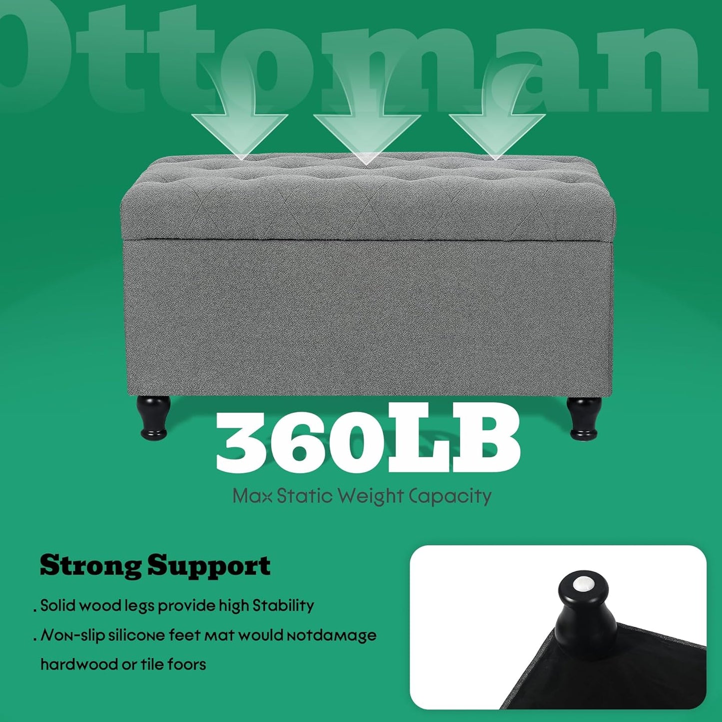 Ottoman with Storage 32'' Ottoman Storage Bench Fabric Ottomans Footstools Upholstered Foot Rest Stool for Couch, Living Room, Bedroom, Entrance Shoe Bench Gray