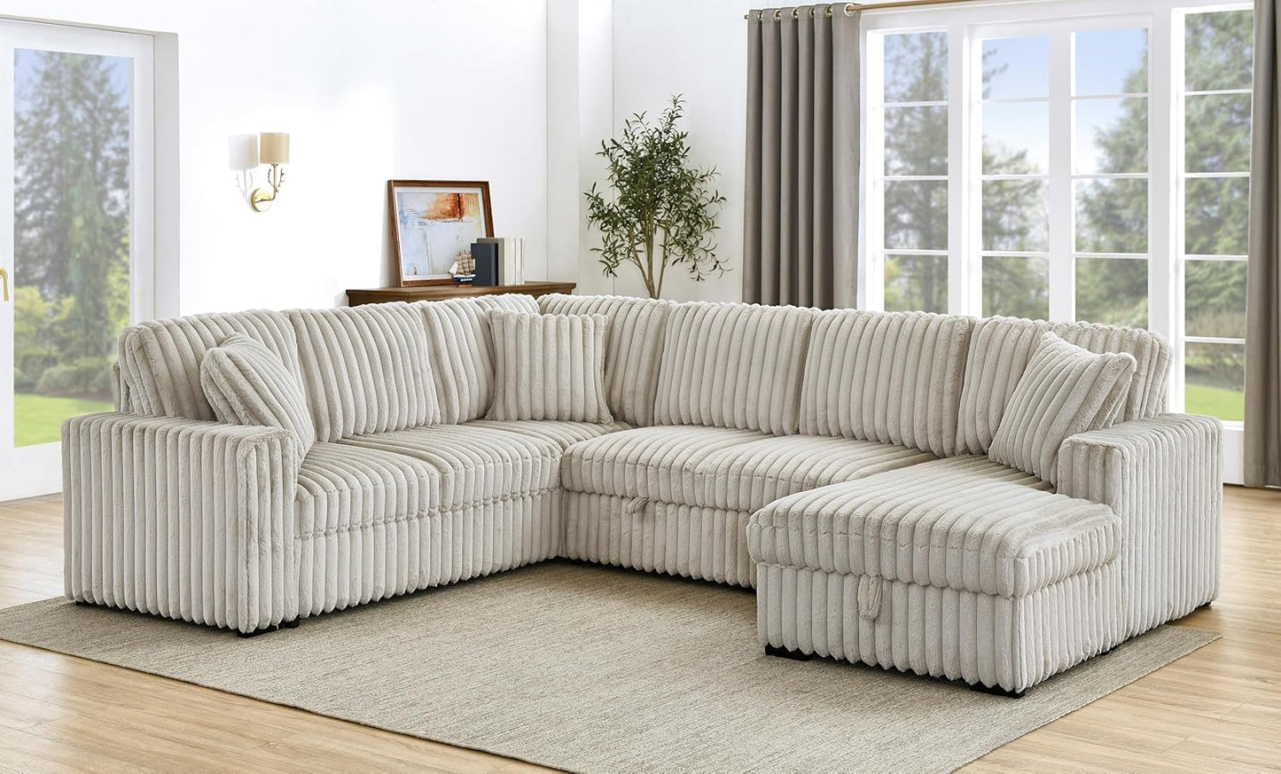 THSUPER 122-Inch Oversized U Shaped Plush Corduroy Fluffy Sectional Sleeper Sofa with Pull Out Bed, Storage Chaise Lounge and USB Charging Port - Beige