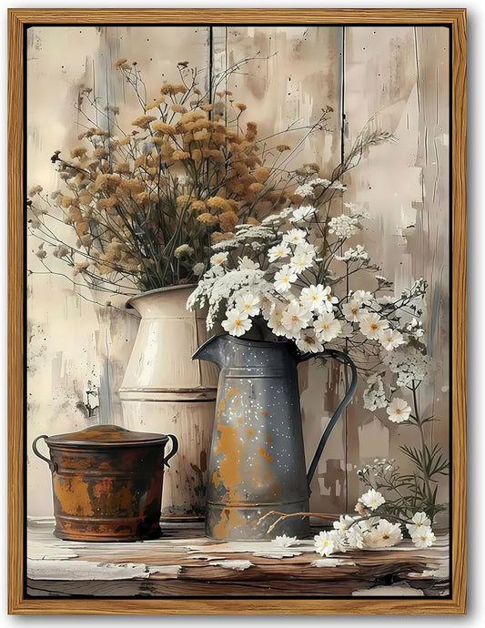 Floating Framed Farmhouse Vintage Canvas Wall Art, Country Floral Daisy Pictures Wall Decor, Wood Grain Art Paintings Poster for Living Room Bedroom Bathroom Rustic Decor 16x24 inch