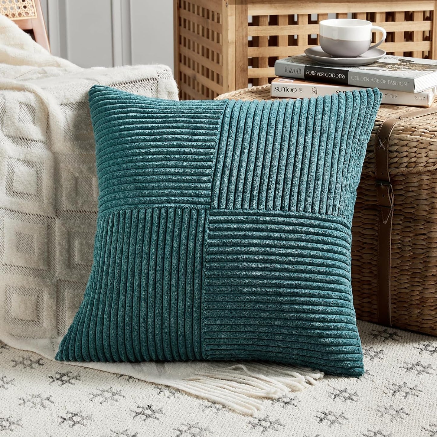 Fancy Homi 2 Packs Teal Decorative Throw Pillow Covers 22x22 Inch for Living Room Couch Bed Sofa, Rustic Farmhouse Boho Home Decor, Soft Corss Corduroy Patchwork Accent Square Cushion Case 55x55 cm