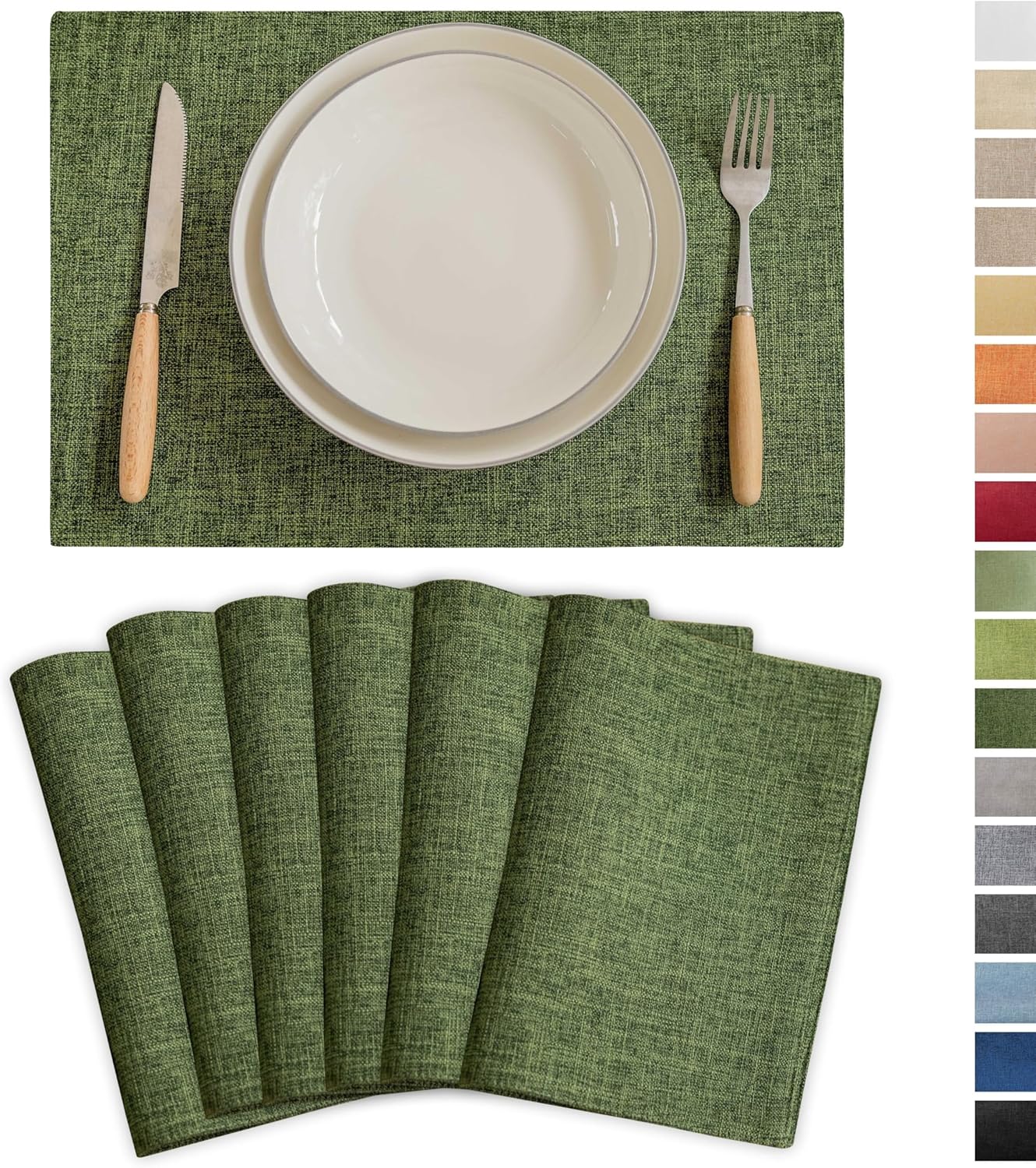 Demetex Green Placemats Set of 6 Vintage Cloth Textured Place Mats Stain Resistant for Holiday Barbecue and Dinning Table, Green