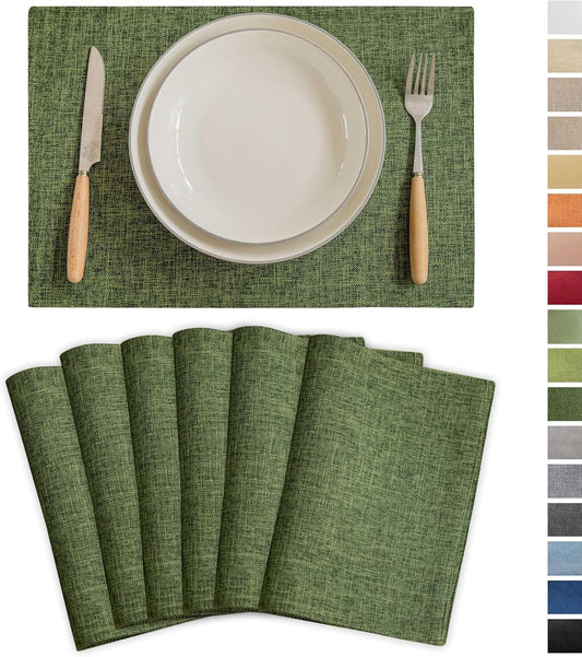 Demetex Green Placemats Set of 6 Vintage Cloth Textured Place Mats Stain Resistant for Holiday Barbecue and Dinning Table, Green