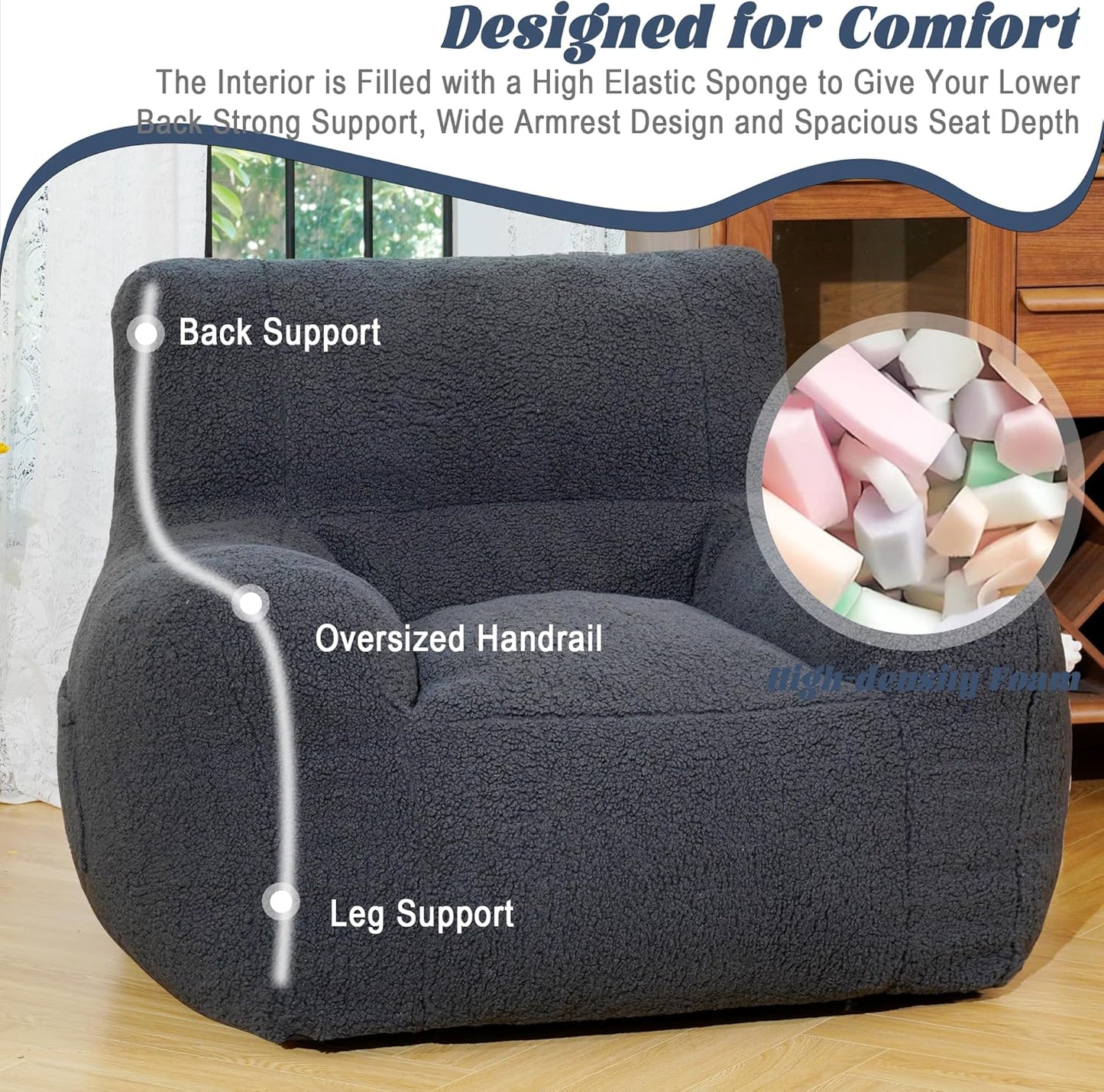 Giant Bean Bag Chair, Lambswool Bean Bag Chair for Adults, Soft Bean Bag High-Density Foam Filled, Grey Comfortable Been Bag for Bedroom, Playroom.