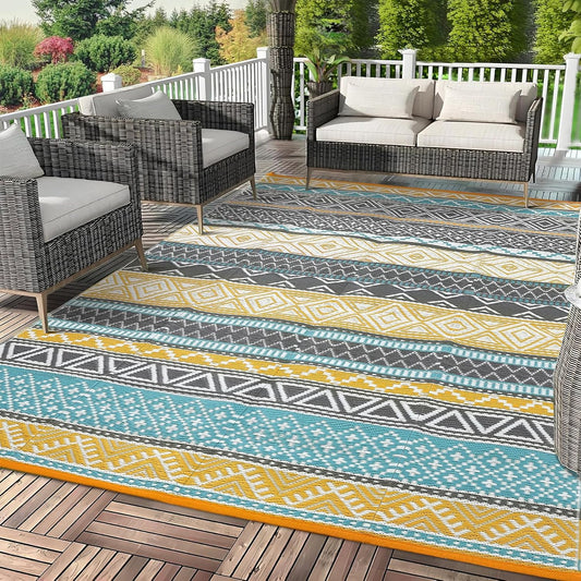 GAOMON Outdoor Rugs Patio Camping Waterproof Rug 6'x9' Plastic Straw Patio Rug Portable for Campers, Outside RVs Mat for Patios Clearance, Backyard Porch, Balcony, Teal/Yellow(Bohemia)