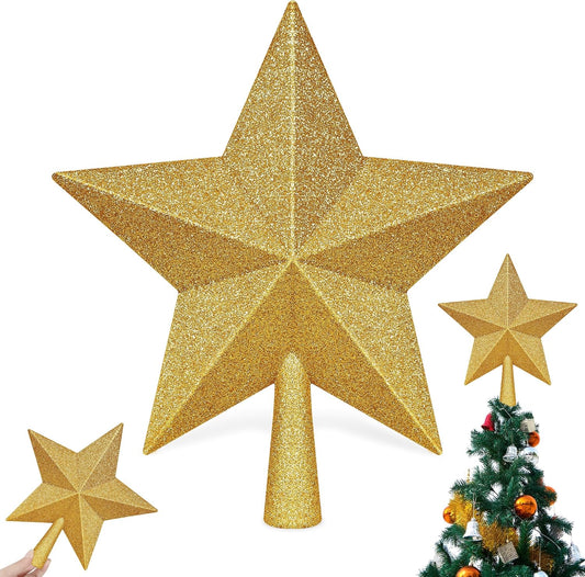 Christmas Tree Topper, 1PCS 10" Gold Glitter Star Tree Topper, Large Xmas Shatterproof Mini Bethlehem Star Tree Topper Decorations, Waterproof Christmas Decor for Holiday Home Outdoor Ornament