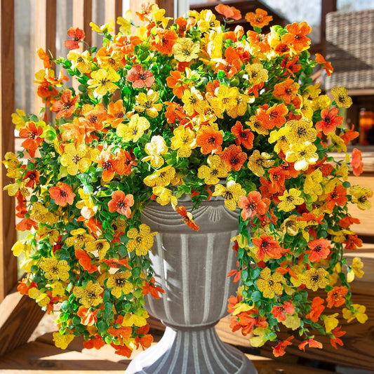 INSPRING Artificial Flowers for Outdoors Fake Mums Hanging Plants Decor, 2Pcs Silk Daisy with Eucalyptus UV Resistant Look Real Trailing Vines for Planter Front Door Patio Yard, OrangeYellow