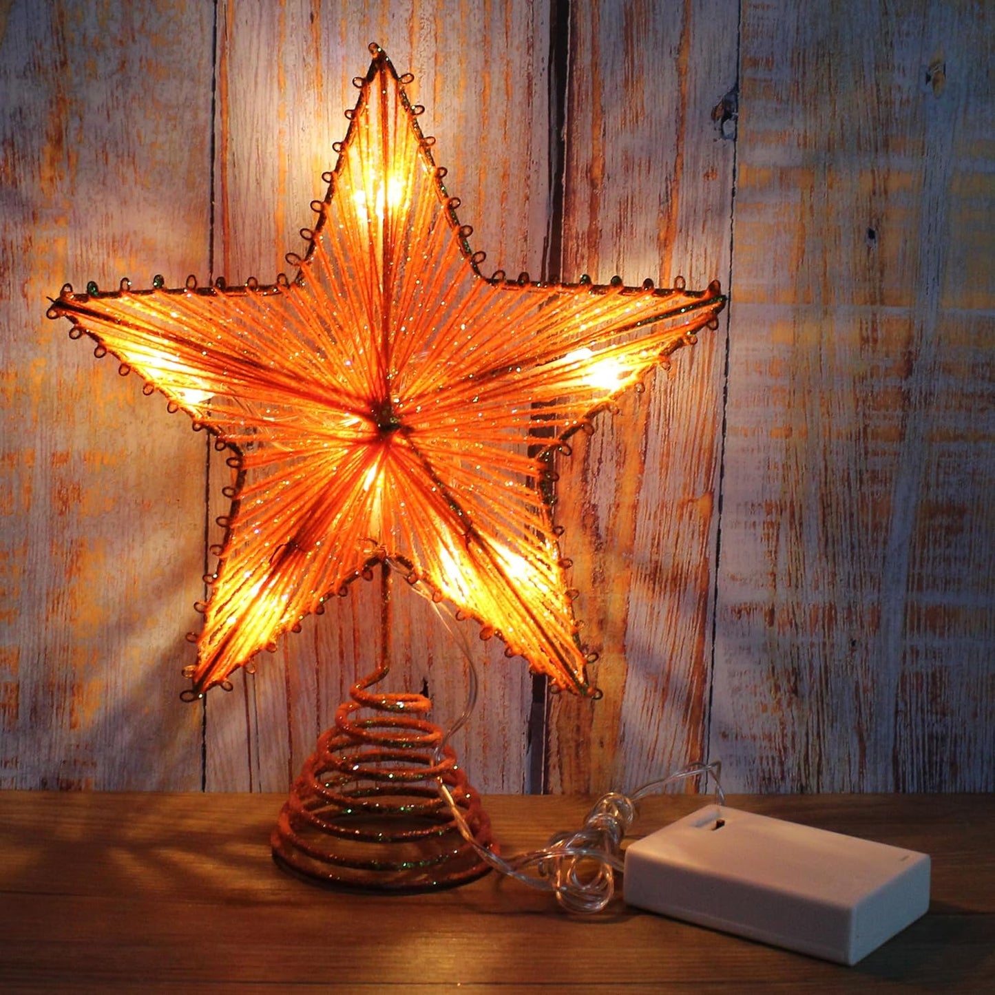 CVHOMEDECO. Orange Glittered 3D Tree Top Star with Warm White LED Lights and Timer for Christmas Tree Topper Decoration and Holiday Seasonal Décor, 8 x 10 Inch