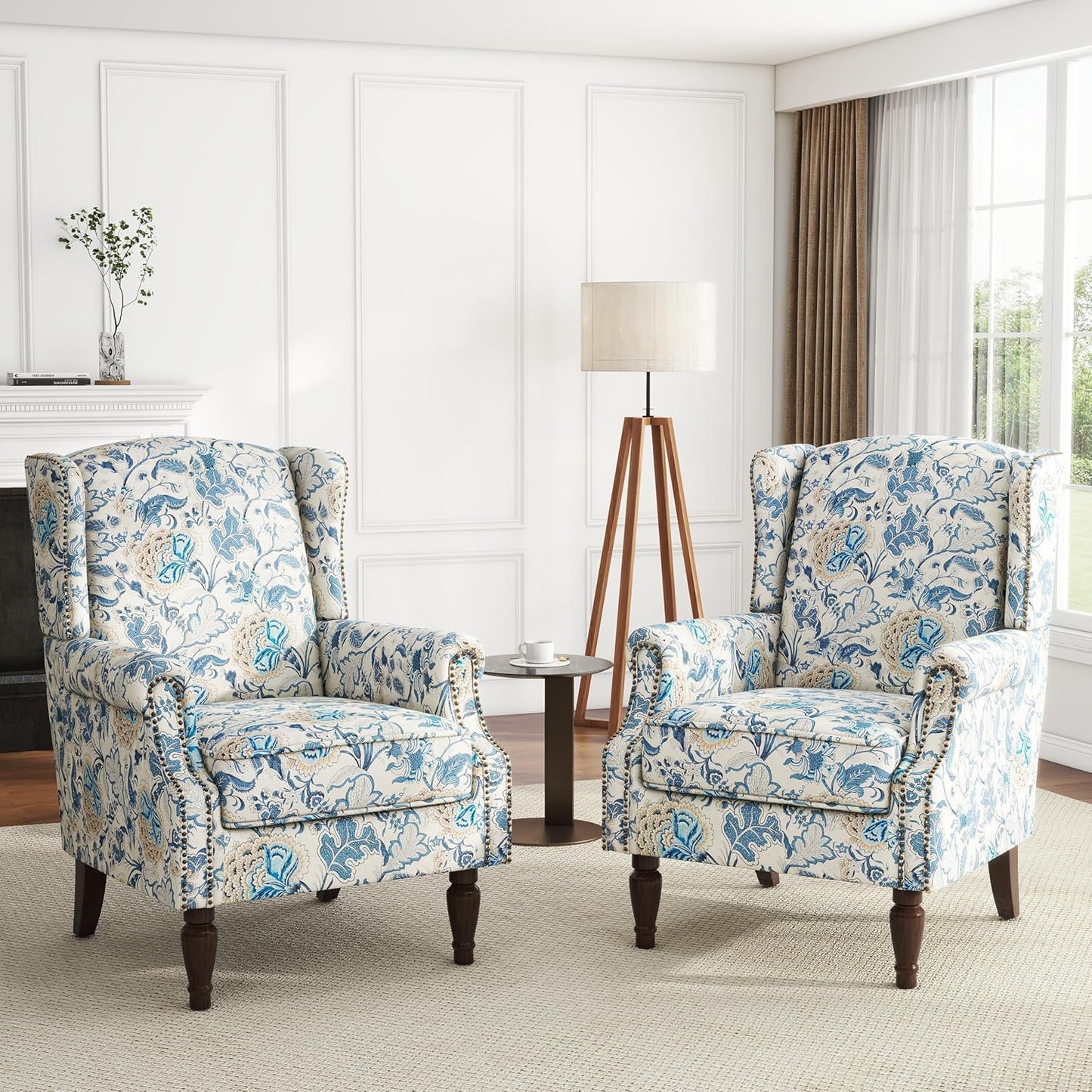 UIXE High Back Floral Accent Chairs Set of 2, Upholstered Armchair in Fabric, Retro Printed Wingback Arm Chair for Living Room, Nailhead Trim Single Sofa Bedroom Reading Seat - Boho Blue