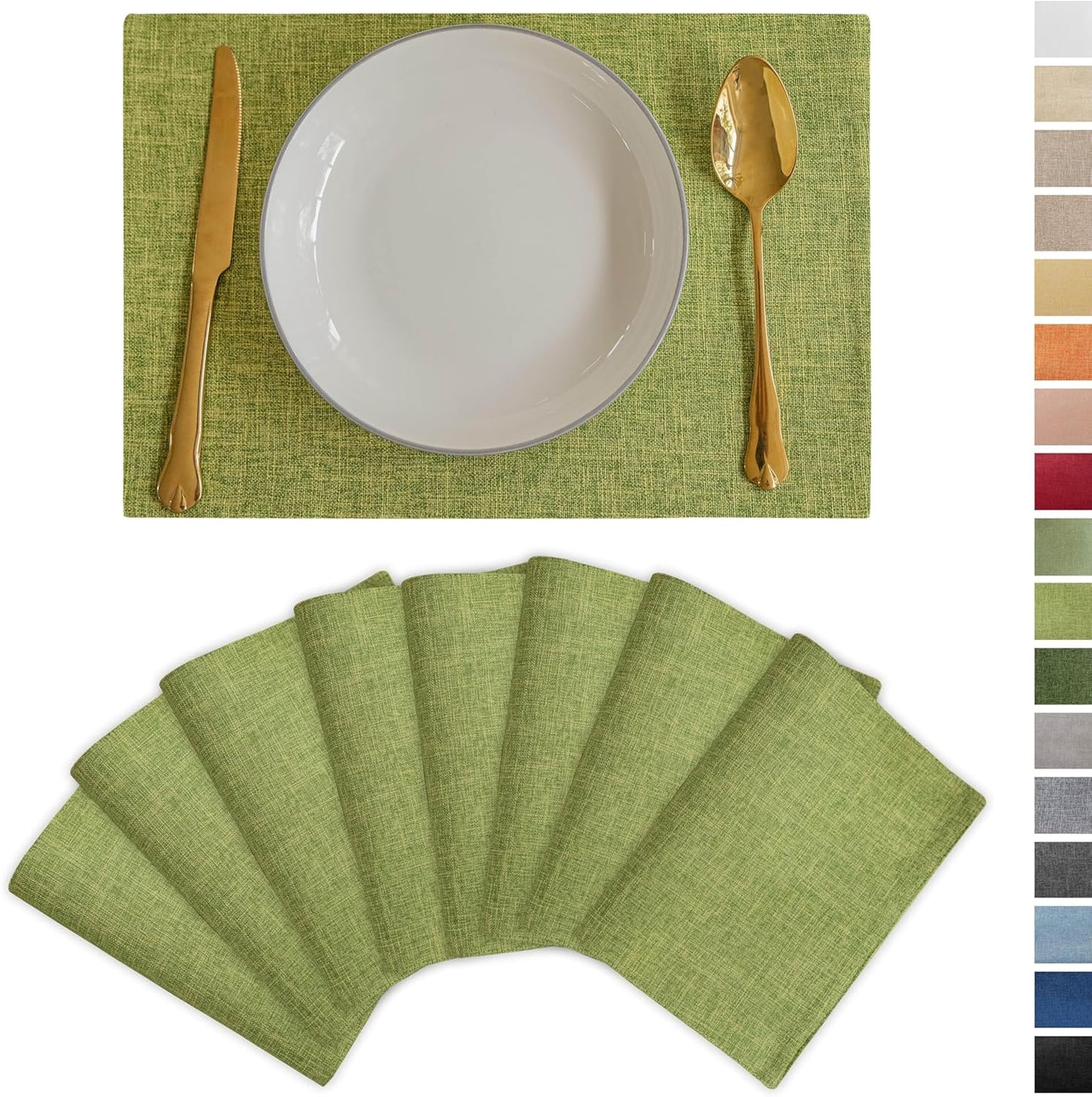 Demetex Table Placemats Set of 8 Olive Green Linen Place Mats Washable Fabric Plate Mats for Picnic Camping Barbecue, 13x19 inch, Lime Green