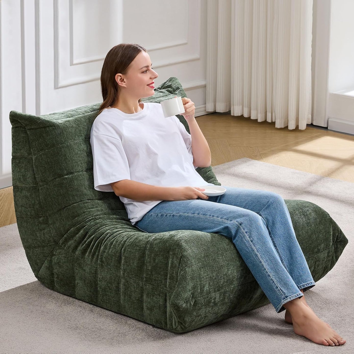 Bean Bag Chairs for Adults Giant Bean Bag Chair Memory Foam BeanBag Chair Big Bean Bag Sofa with Filler Faux Fur Fireside Beanbags Lazy Sofa for Living Room Bedroom Dorm Office (Green Chenille)