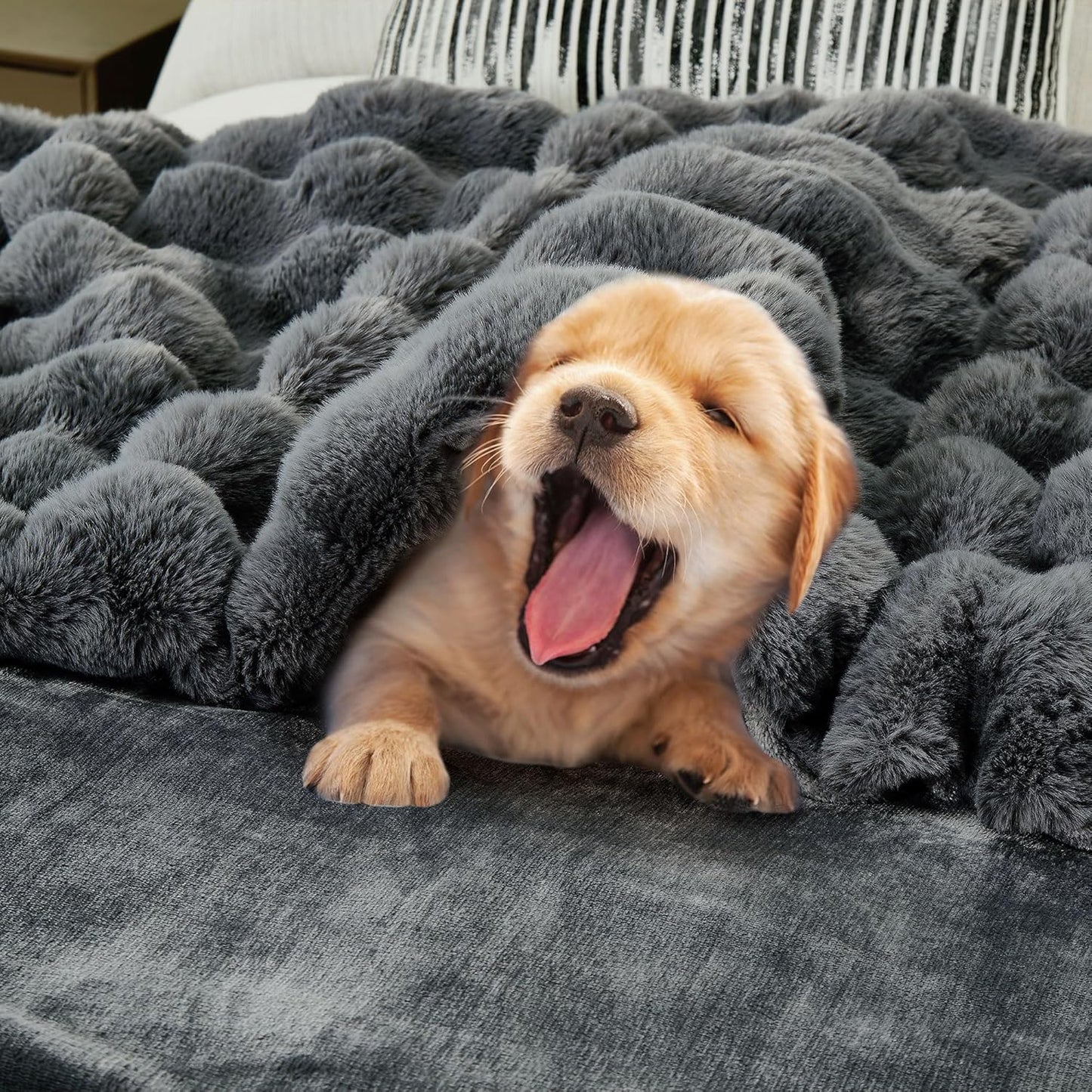 DREAMNINE Large Soft Thick Fuzzy Bubble Faux Rabbit Fur Bed Blanket Queen Size 80" x 90",Reversible Gray Plush Big Warm Shaggy Fluffy Blankets for Sofa, Solid Luxury Cozy Cute Bumpy Furry Blanket,Grey