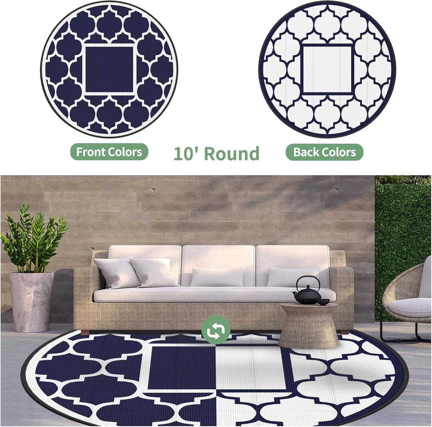 GENIMO 10 ' Round Outdoor Rug for Patio, Waterproof Indoor Outdoor Plastic Straw Rugs Carpet, Reversible Outside Area Mat for Camping, Balcony Porch, Deck, Picnic, Blue White