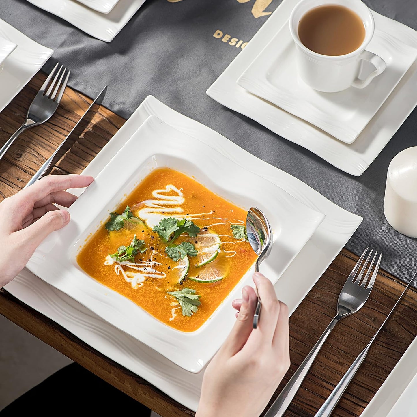 MALACASA 30 Pieces Dinnerware Sets, Modern Ivory White Plates and Bowls Sets for 6, Porcelain Dish Set with Dinner Plate, Dessert Plate, Soup Plate, Cup and Saucer, Square Dishware Set, Series Mario