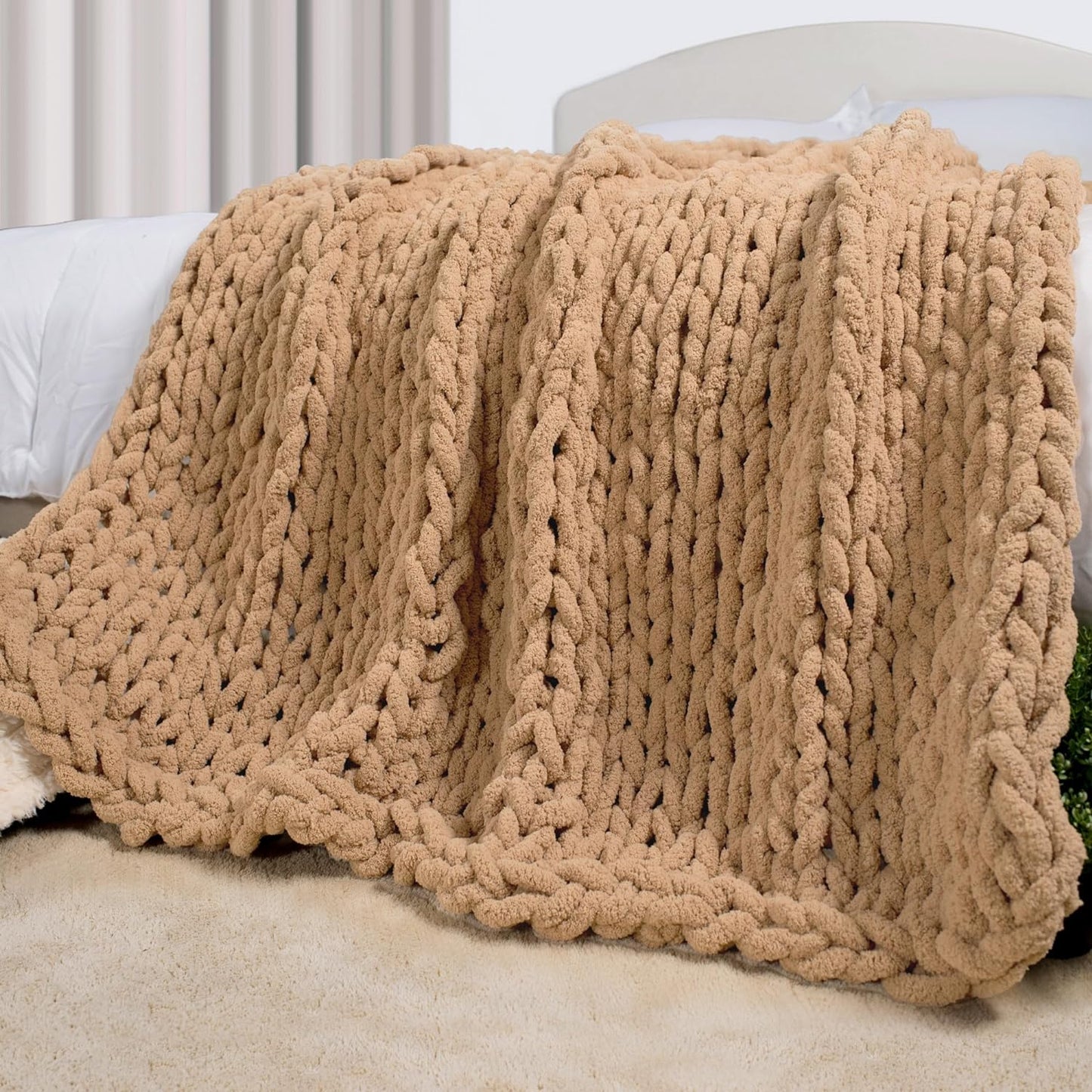 Carriediosa Chunky Knit Throw Blanket 60" X 80" Twin, 100% Hand Made Large Chenille Loop Yarn Soft Fluffy Throws for Couch Sofa Bed, Big Crochet Cozy Heavy Thick Cable Woven Blankets, Tan Brown