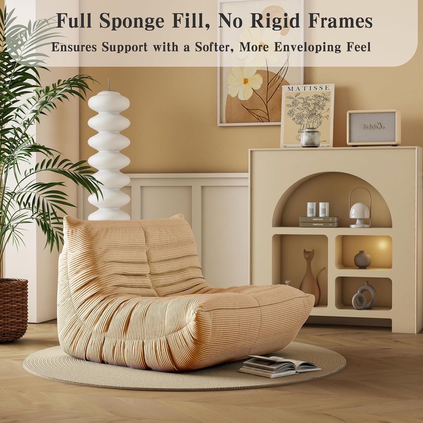 Bean Bag Chair, Lazy Floor Sofa Couch for Adults and Kids, Fireside Chair with Ergonomic Design, Memory Foam Lounge Chair for Living Room Bedroom, Office, Yellow