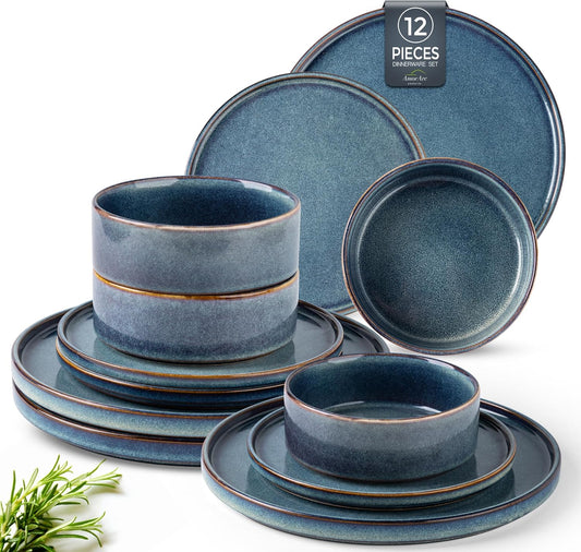 AmorArc Ceramic Dinnerware Sets, Handmade Reactive Glaze Stoneware Plates and Bowls Sets,Highly Chip and Crack Resistant | Dishwasher & Microwave Safe Dishes Set, Service for 4 (12pc)