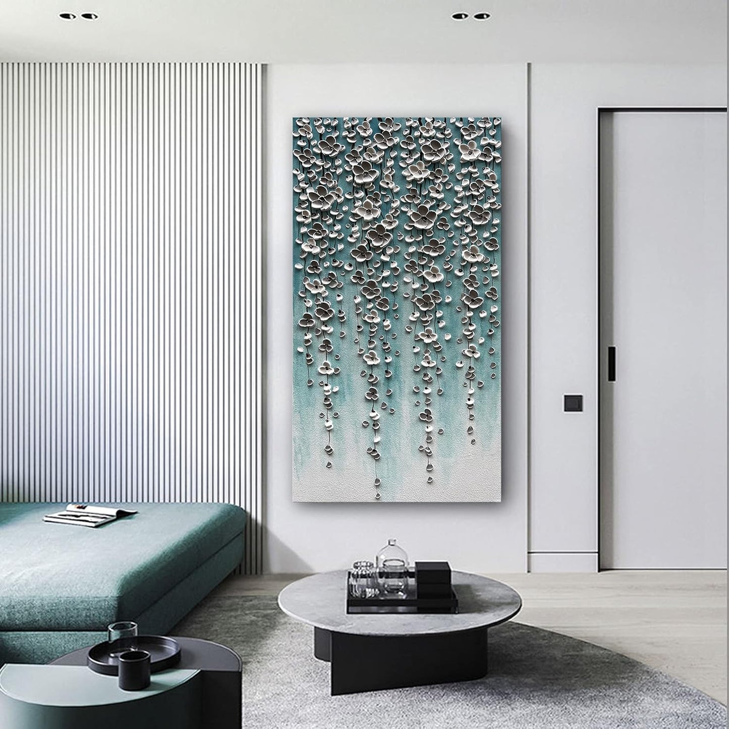 Epicler Large-Scale Oil Painting on Canvas Wall Art,46x23 inches Hand-Painted White Flower Wall Painting, Abstract Canvas Wall Art for Home Wall Decoration