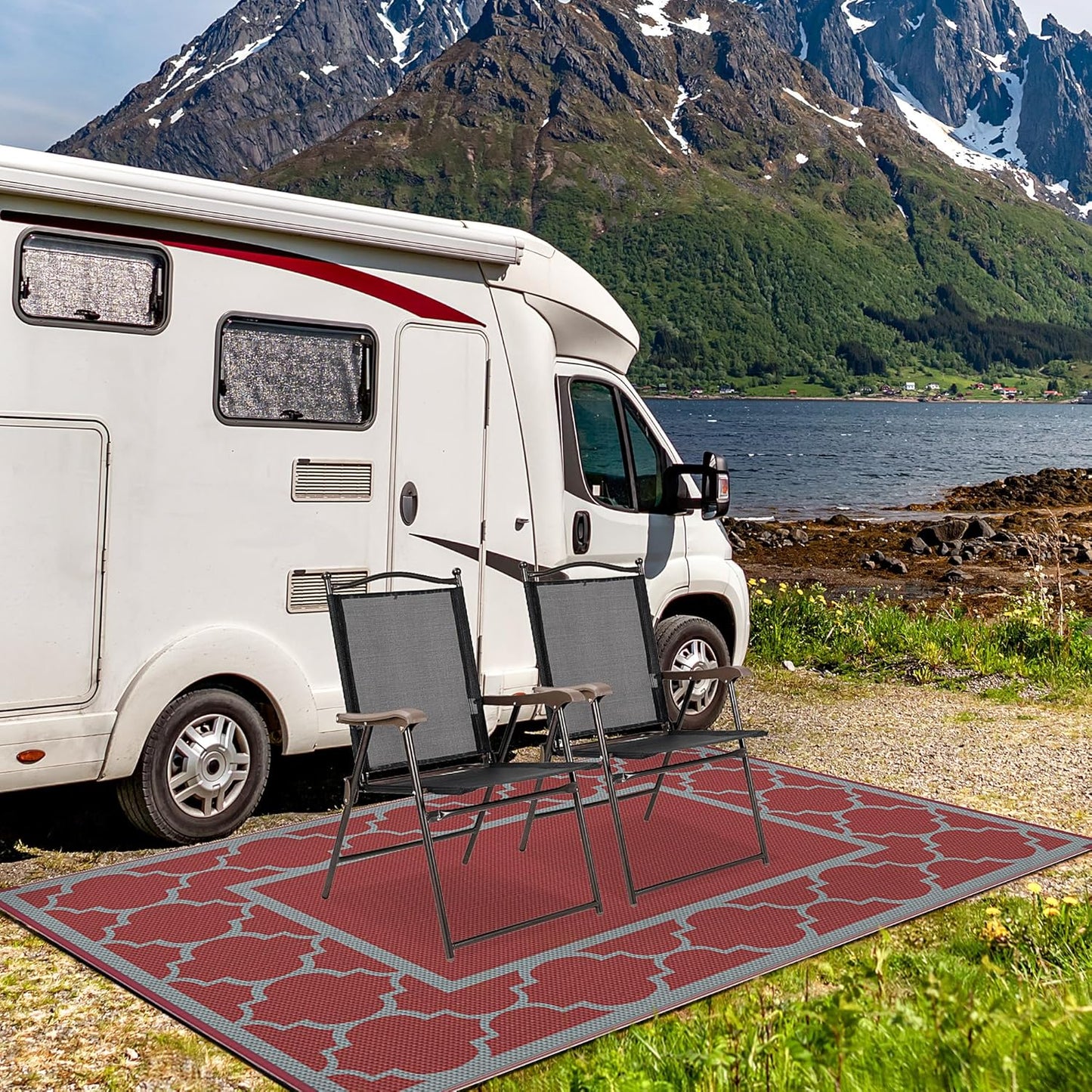 GENIMO 5' x 8' Outdoor Rug Waterproof for Patio Decor, Foldable Reversible Plastic Straw Area Rugs Mat for Camper, Outside Carpet for Rv, Deck, Porch, Picnic, Beach, Balcony, Red & Grey