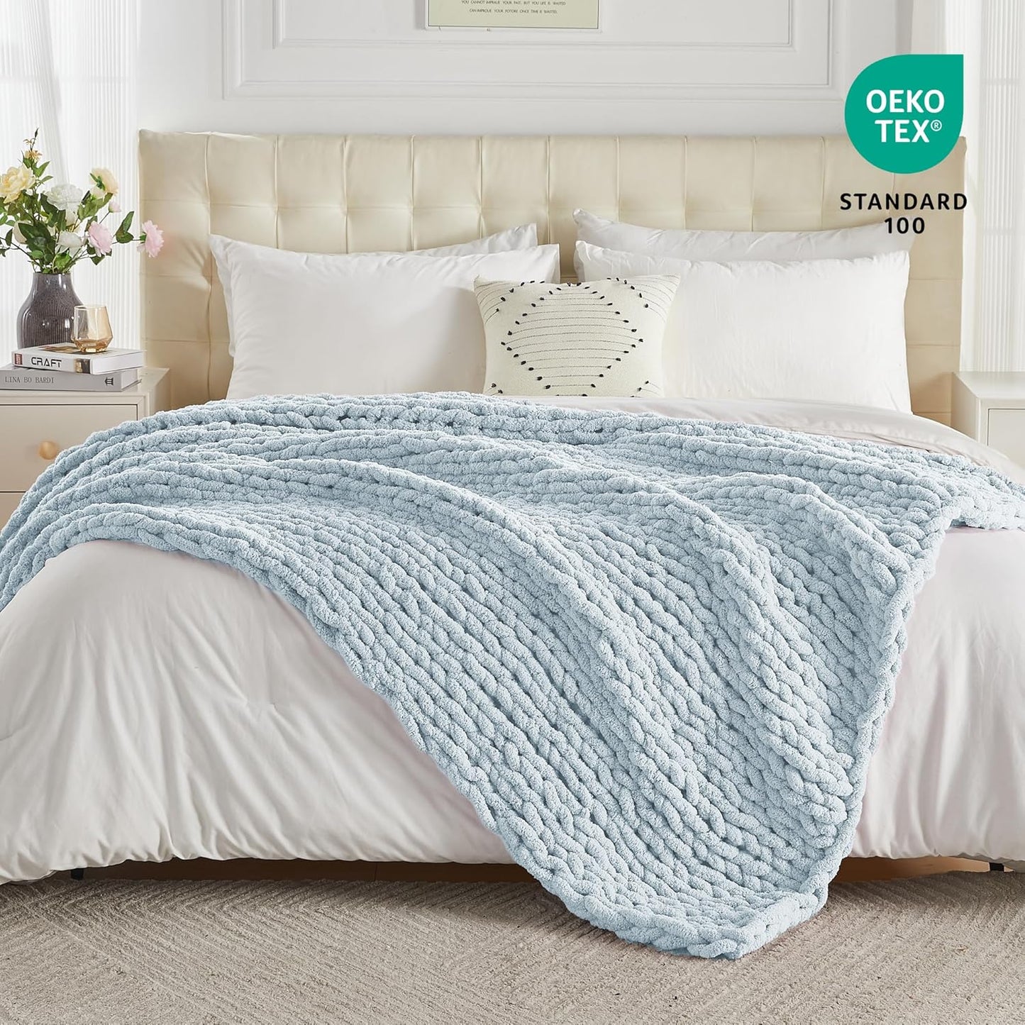 Carriediosa Chunky Knit Throw Blanket 60" X 80" Twin, 100% Hand Made Large Chenille Loop Yarn Soft Fluffy Throws for Couch Sofa Bed, Big Crochet Cozy Heavy Thick Cable Woven Blanket, Light Blue