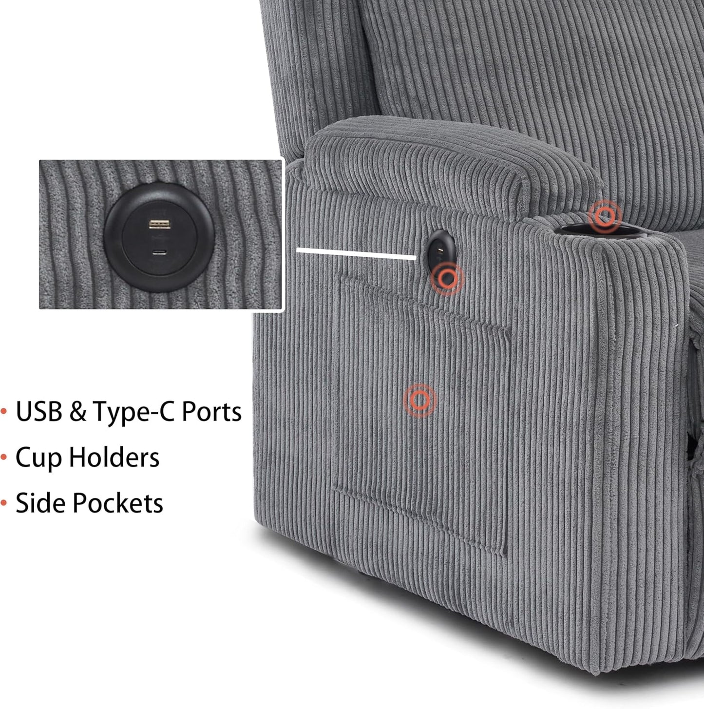 Lift Recliner Chair for Adults with Massage and Heating, Power Lift for Elderly, Corduroy Fabric Reclining Chair with USB &Type-C Port, Cup Holders, L6111 (Grey)
