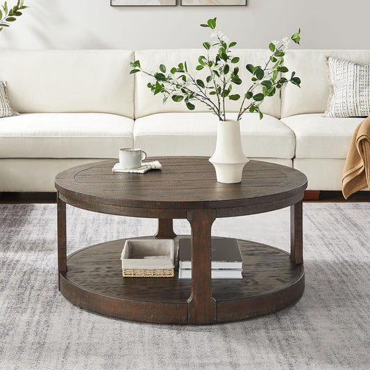 WILLIAMSPACE 40" Round Coffee Table with Wheels, Circle 2 Tier Solid Wood Center Coffee Table, Mid Century Retro Farmhouse Rounded End Table for Living Room Apartment, ø40 x 17.52" H (Dark Brown)
