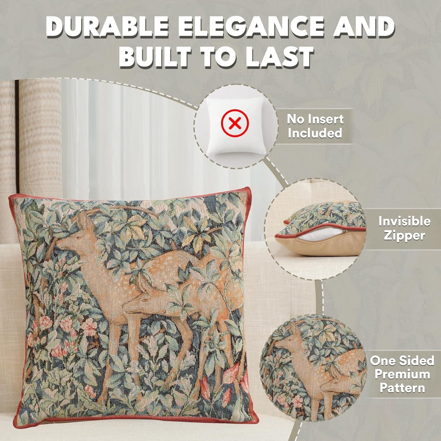 Charlotte Home Furnishings Decorative Tapestry Pillow Cover 14x14 in, Green Two Does Couch Throw Pillow Cover, French Country Square Cushion Cases for Bed Room Home Decor, Soft Cotton Jacquard Woven