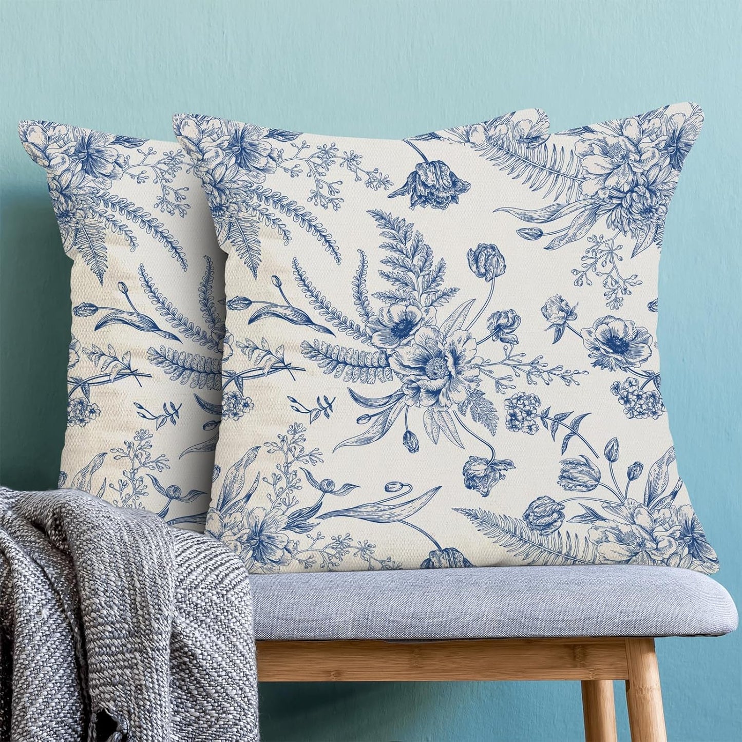 CXMEIFLY Spring Floral Leaves Pillow Covers 24 x 24 Inch Set of 2 for Chinoiserie Flowers Decor Throw Pillows Blue and White Seasonal Plant Outdoor Decorative Cushion Cases for Couch Bed Decorations
