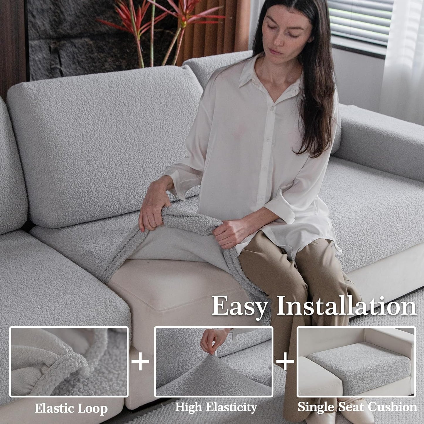 Couch Cushion Covers for Sectional Sofa, Stretch Soft Sofa Slipcovers Washable Wear-Resistant Universal Furniture Protector for Living Room(3 Seaters Covers, Light Gray)