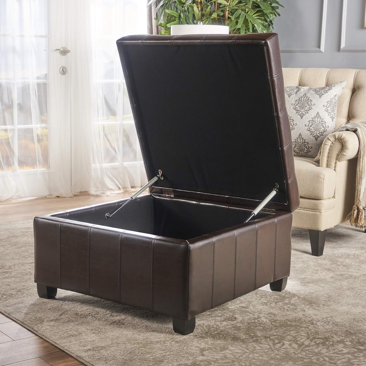 Christopher Knight Home Alexandria Bonded Leather Storage Ottoman, Marbled Brown , 31” x 31”x 18.6”