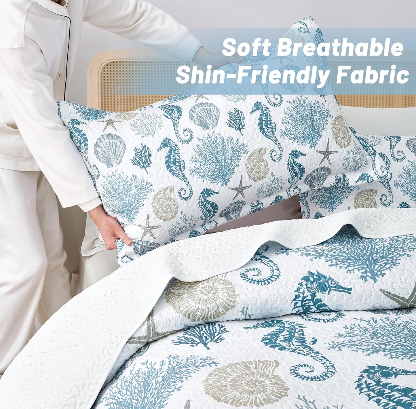 Coastal Bedding California King Size Coastal Quilt with 2 Shams, Nautical Beach Comforter Sets Ocean Bedspreads Blue Seahorse Coverlet Summer Bedding, 106''x118''