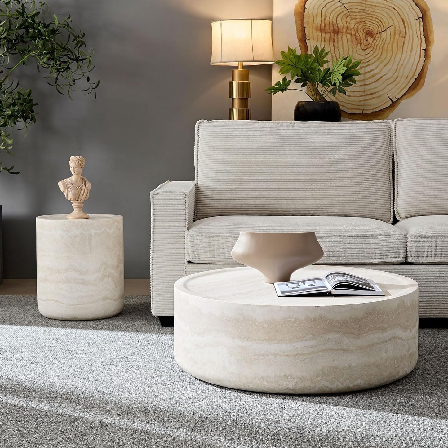 Coffee Table and Side Table Set, Round Faux Marble Coffee Table Set of 2 for Living Room, Luxury Circle End Table Modern Drum Center Tables for Apartment Office