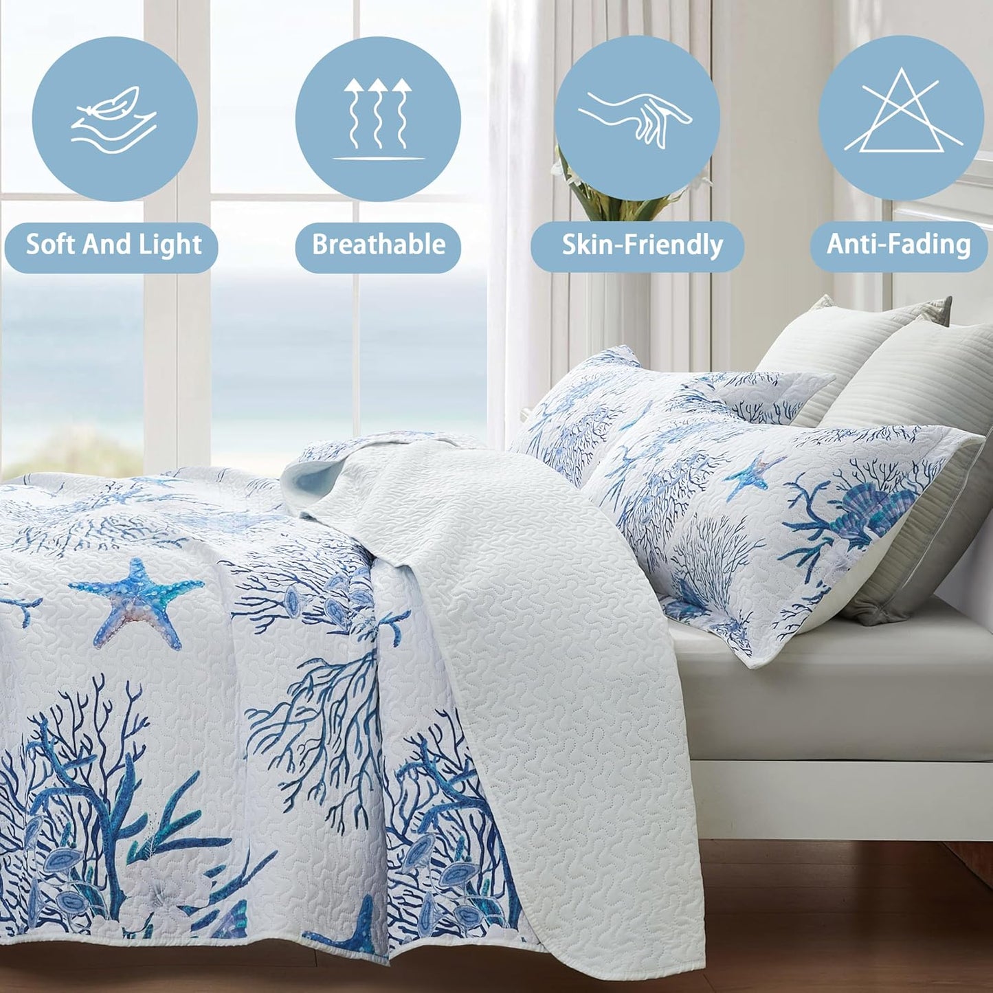 Coastal Bedding King Size Coastal Quilt with 2 Shams, Nautical Beach Comforter Sets Ocean Bedspreads Blue Starfish Coverlet Summer Bedding, 96''x106''